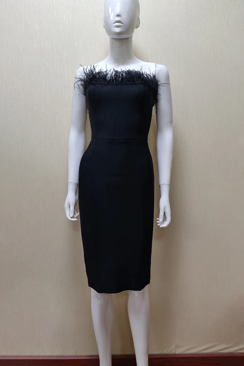 Черное женское летнее платье для вечеринки, vestidos, сексуальное,, без рукавов, без бретелек, элегантное, с боковыми перьями, Клубное, знаменитое, подиумное, Бандажное платье