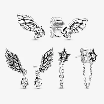 

2020 New 100% 925 Sterling Silver Stud Earrings Sparkling Angel Wing Celestial Celestial Stars Stud Earrings ever Women Jewelry