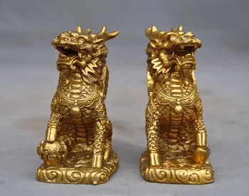 

Chinese brass Feng Shui auspicious wealth Yuanbao bat Kirin Unicorn statue Pair