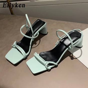 

Eilyken 2020 Summer New Fashion Ankle Strap Square Toe Sandals Low Heel Ladies Dress Shoes Women Slides Black Blue White