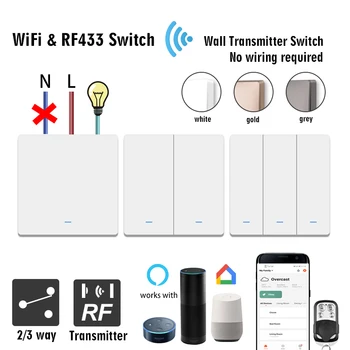

WiFi RF433 Smart Switch Wall Light Switch,Wireless Transmitter switch,RF433 2 way, Working with Google Amazon,EU UK,1 2 3 Gang