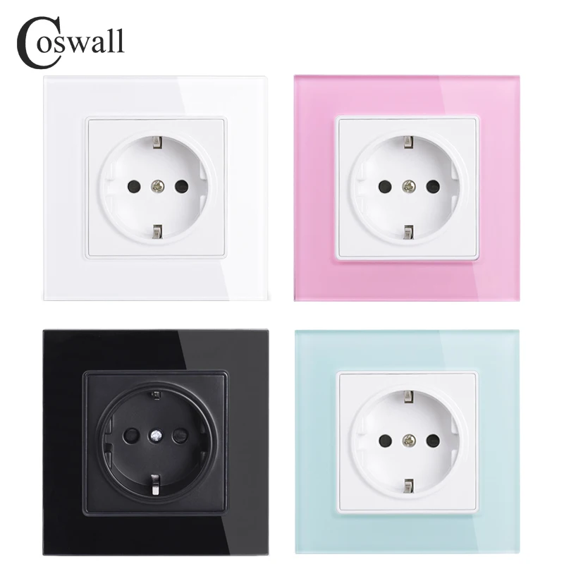 COSWALL Wall Power Socket Tempered Glass Panel, grounded 16A EU Russia Spain outlet with children protective lock