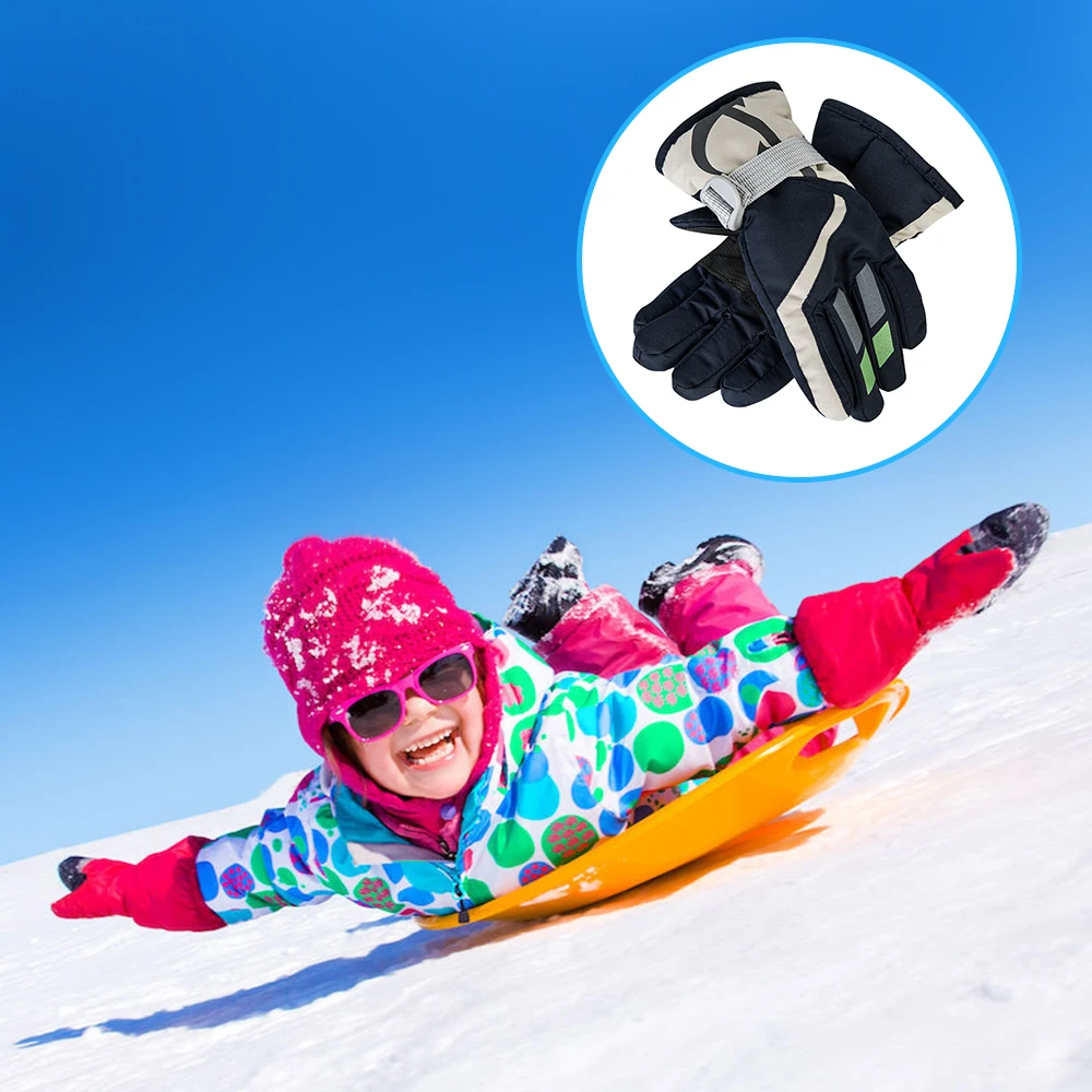 Children Boys/Girls Snowmobile Winter Warm Ski Gloves Sports Waterproof Windproof Snow Gloves Adjustable Ski Strap Skiing Gloves