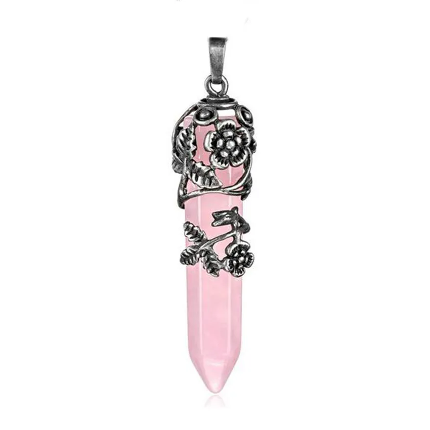 KFT Antique Silver Plated Natural Healing Crystal Quartz Stone Flower Wrapped Hexagon Prism Pendulum Reiki Pendant Jewelry - Image 3