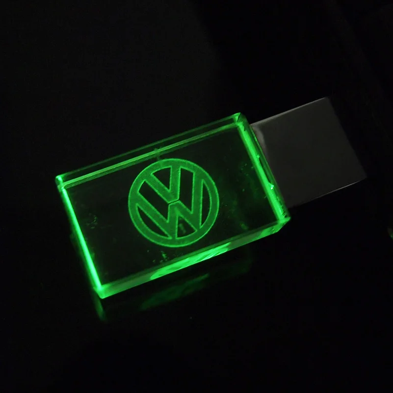 LED luz cristal Volkswagen logotipo coche Pen drive 1 GB 2 GB 4GB 8GB 16GB USB Flash Drive usb 2,0 disco de memoria (10 Uds libre logotipo personalizado)