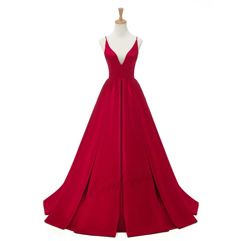 

Sexy Long Evening Dresses A line Satin Prom Dress Spaghetti Strap V-neck Open Back Robe De Soiree Gold Evening Party Gown Dress