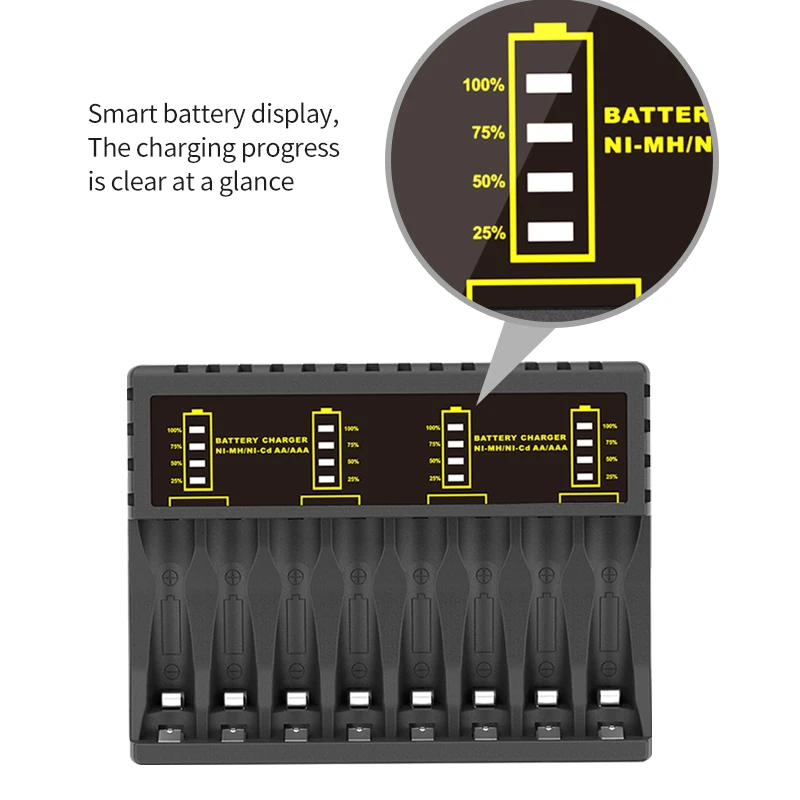 Battery Charger PUJIMAX Battery Charger 8 Slots with LED Indicator for Ni-MH/Ni-Cd AAA/AA Rechargeable Battery Short Circuit Protection Chargers