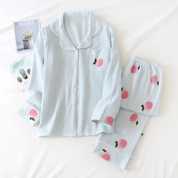 

Sleepwear Women's Cotton Gauze Pijamas 2PCS Pajamas Suit Cute Printed Lovely Home Clothes Loose Casual Long Sleeve Tops& Pants