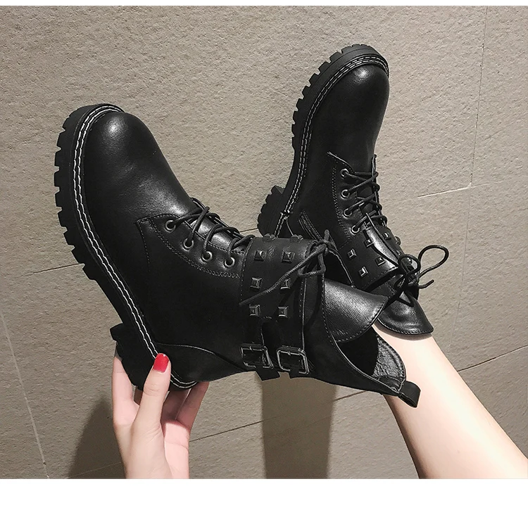 Черные Ботинки martin с перекрестной шнуровкой bottes femme женские мотоциклетные ботинки на толстом каблуке до середины икры, 2 стиля, металлические сапоги