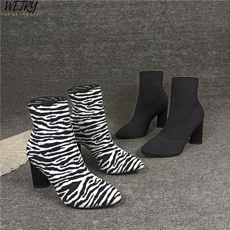 

2020 New Arrival Zebra Printing Knee High Boots For Women Horse Hair Pointed Toe High Heels Shoes Ladies Thick Heel Botines