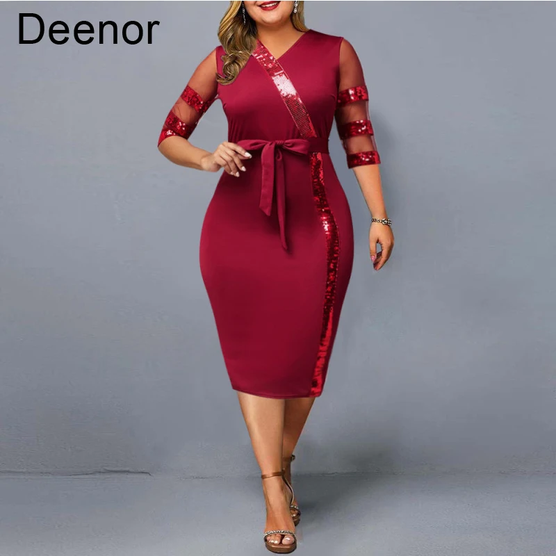 haoohu plus size dresses for women 2021 puff sleeve turtleneck bodycon elegant office lady dress with sashes fall clothing urban Deenor Plus Size Dresses for Women Mesh Sequin Stitching Large Women's Dress Evening Dress Elegant Fashion Office Lady Dress