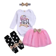 Одежда для новорожденных девочек из 4 предметов, одежда для первого нового года, комбинезон с надписью для малышей+ кружевная юбка+ повязка на голову+ гетры, Теплый новогодний наряд