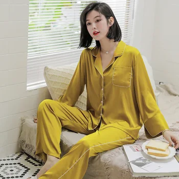 

New Product Silk Imitation Silk Pajamas Spring and Summer Long-sleeved Pure Color Satin Ladies Batas De Dormir Para Mujer 2020
