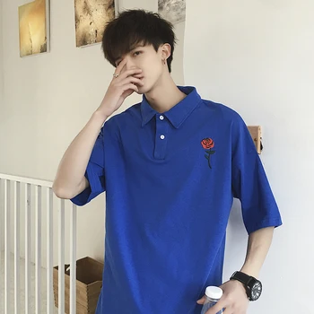 

Black Blue White T shirt Men Cotton Turn down collar Short-Sleeved Mens Tees Shirts Rose Embroidery Casual Solid Tshirt Male