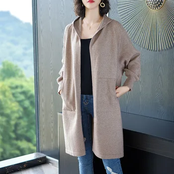 

Women Cardigans Knitted Female Long Sleeve Solid Color Coat Black Khaki Pocket Hat Knitting Loose Sweaters Autumn Jacket Winter
