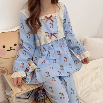 

Autumn Sweet Women Pajamas Suit Long-sleeve Lace Ruffle Square Collar Print Pyjamas Casual Bow Loose Homewear Princess Nightwear