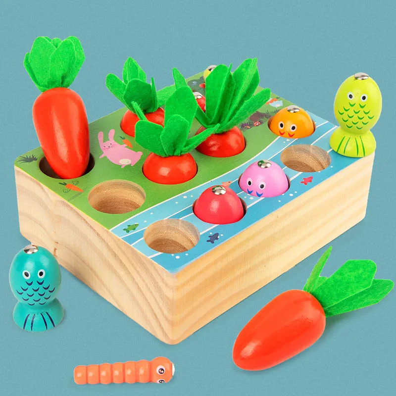 

Kids Montessori Toy Wooden Magnetic Games Fishing Toy Catch Worm Pulling Carrot Game 3D Fish Kids Educational Toys Funny Gifts