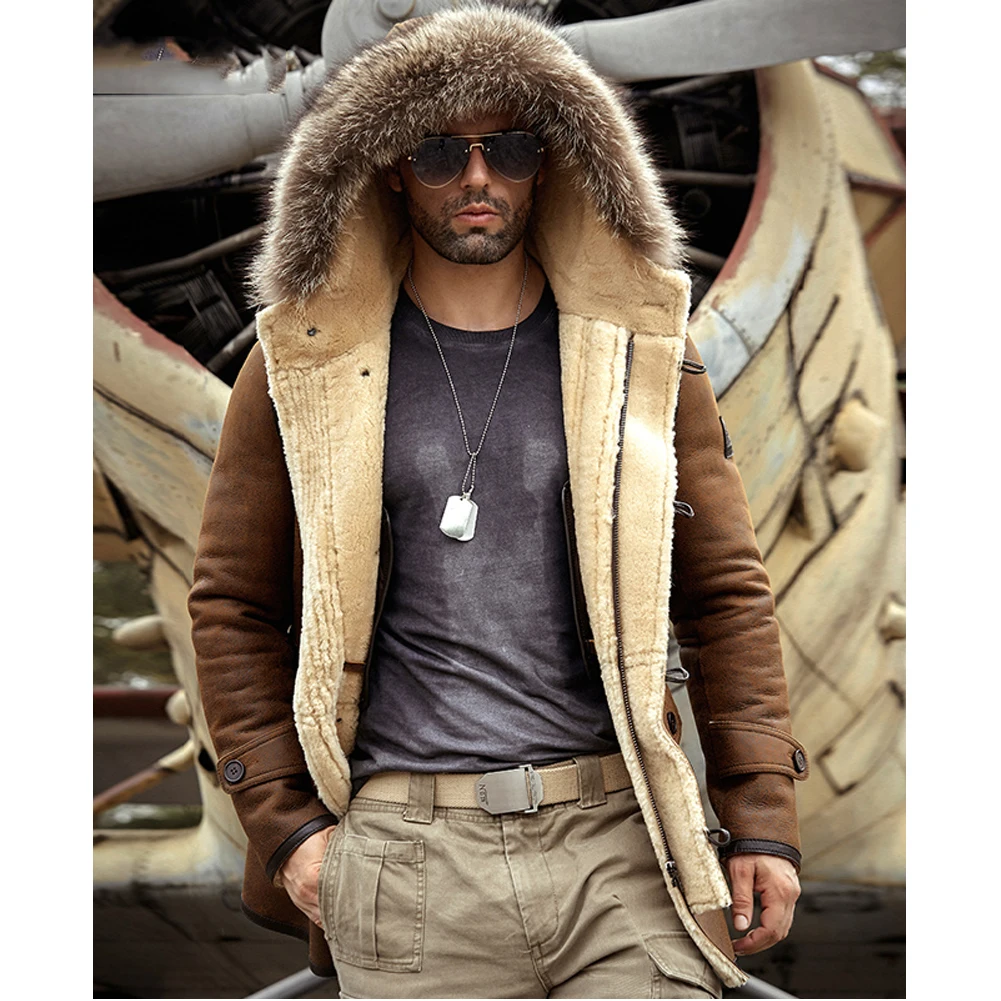 Shearling Brown B3 Bomber Jacket Hooded Leather Jacket 2019 New Winter Coats Long Fur Jacket Mink Fur Collar Coat - Genuine Leather - AliExpress