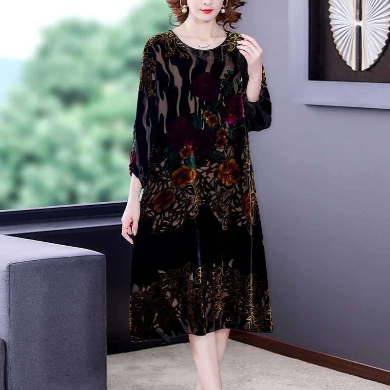 

Black Floral Velvet Elegant Midi Dress Autumn Winter Korean Vintage 5XL Plus Size Dresses 2024 New Bodycon Casual Party Vestidos
