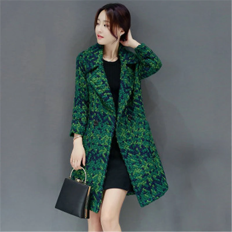 

2019 Autumn Winter New Women's Woolen Coat Fashion Lattice Double-Breasted Suit Collar Nine-Point Sleeve Woolen Coat Tide