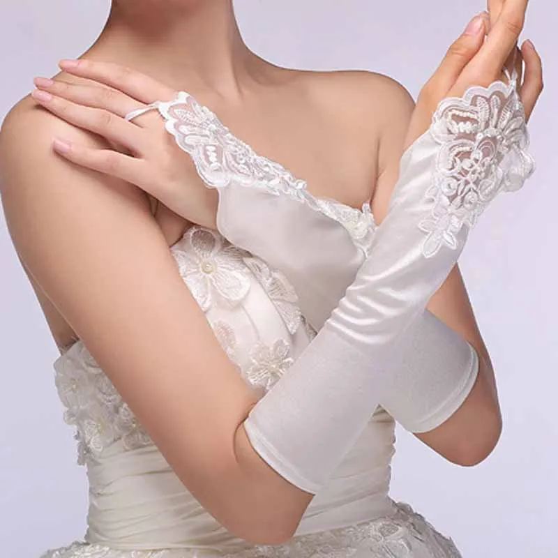 Длинные Дешевые Свадебные перчатки атласные без пальцев цвета слоновой кости свадебные перчатки Аксессуары для свадьбы кружева аппликация Свадебные перчатки
