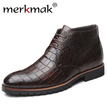 

Merkmak PU Pointed Toe Men Shoe Spring Autumn Lace-up Ankle Booties Classic Crocodile Pattern Leather Boots Warm Big Size Shoe