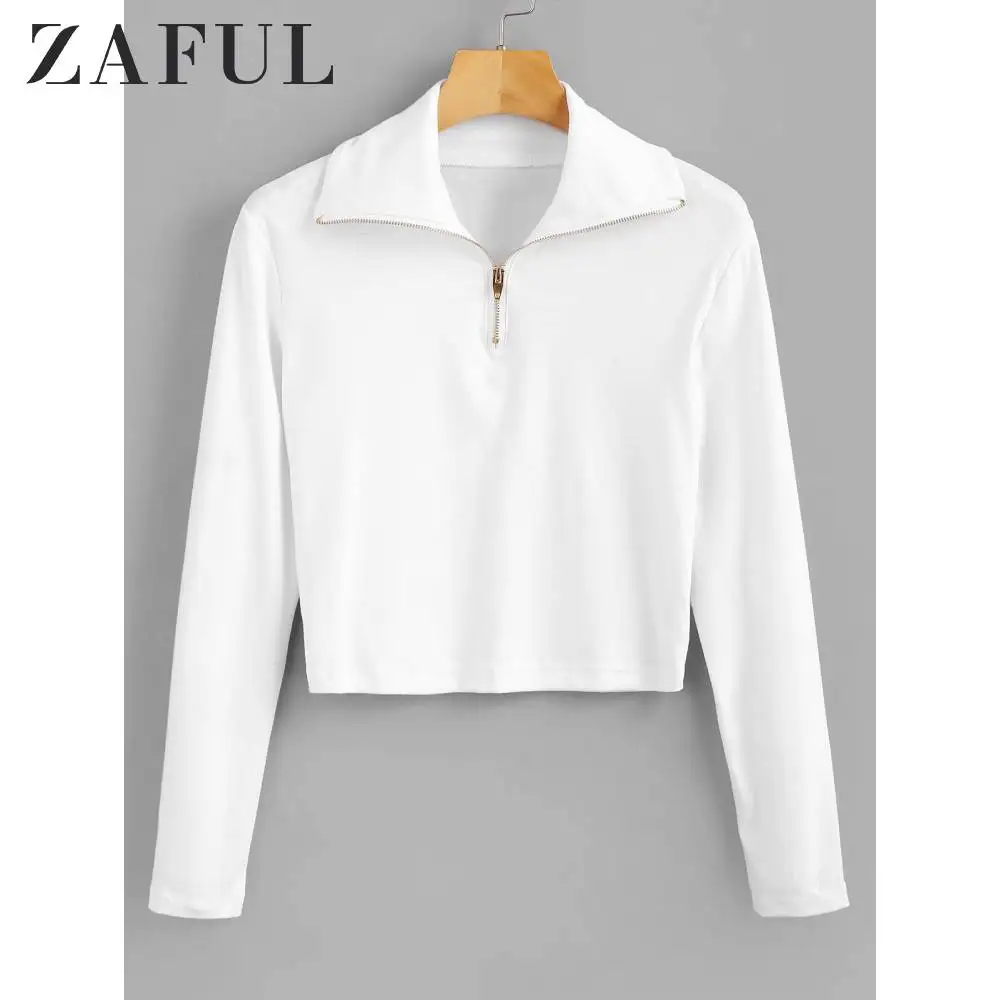 ZAFUL четверть на молнии с длинным рукавом обрезанная футболка для женщин отложной воротник сплошной цвет Осенние Топы женские футболки повседневные топы