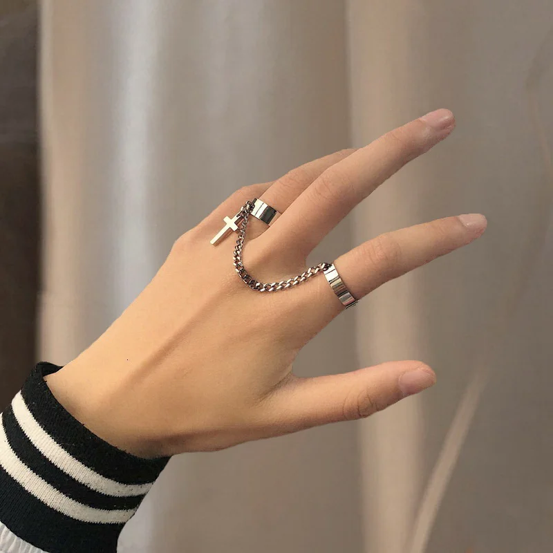 Men Punk Silver Color Plated Cross Chain Ring For Women Trendy Hip Hop Finger Knuckle Adjustable Jewelry Accessories Gift Anillo finger ring chain ring silver ring adjustable rings jewelry accessories