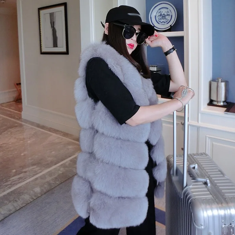 Темно-серый Модный жилет из искусственного меха, Женская Повседневная Уличная одежда, куртка из лисьего меха, жилет, плюс размер, 3XL, без рукавов, плюшевое пальто feamle - Цвет: Темно-серый