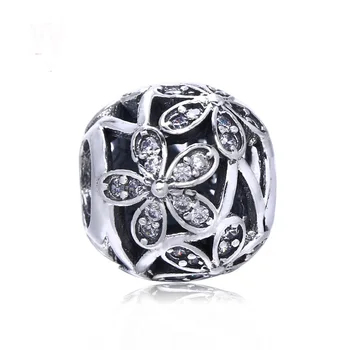 

Authentic 925 Sterling Silver Bead Charm Openwork Daisy Meadow With Crystal Bead Fit Bracelet Bangle DIY Jewelry