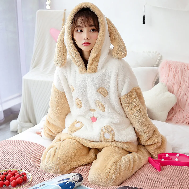 Коралловая флисовая фланель Пижама Mujer Для женщин из мультфильма пижамные комплекты одежда для сна Пижама с животными Для женщин Зимняя теплая ночная Пижама домашняя одежда