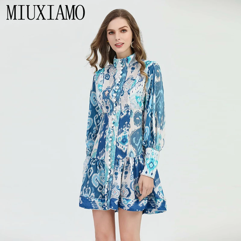 MIUXIMAO, высокое качество,, подиум, дизайнерское, весеннее платье, синий и белый фарфор, с принтом, элегантное, Повседневное платье для женщин, vestidos