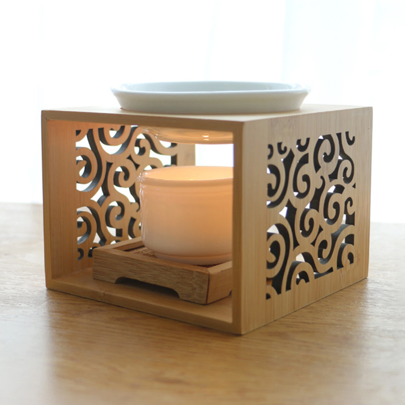 Ceramic Tea Candle Holder Natural Wood Essential Oil Burner Candle Wax