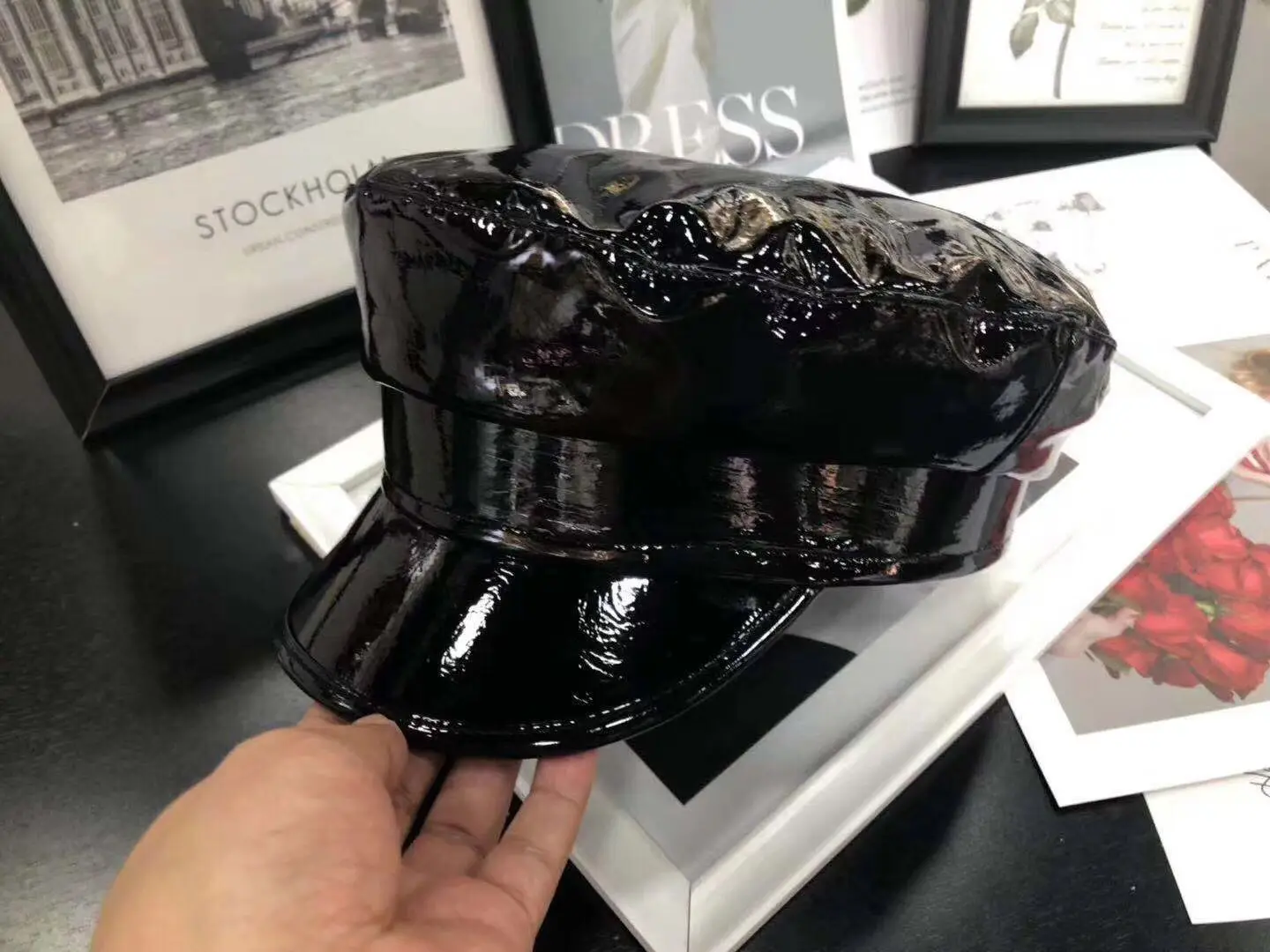 H7601 женская модная шляпа в стиле милитари хип-хоп стиль имитация кожи плоский топ темно-синяя кепка Женская ветрозащитная Повседневная винтажная черные кепки