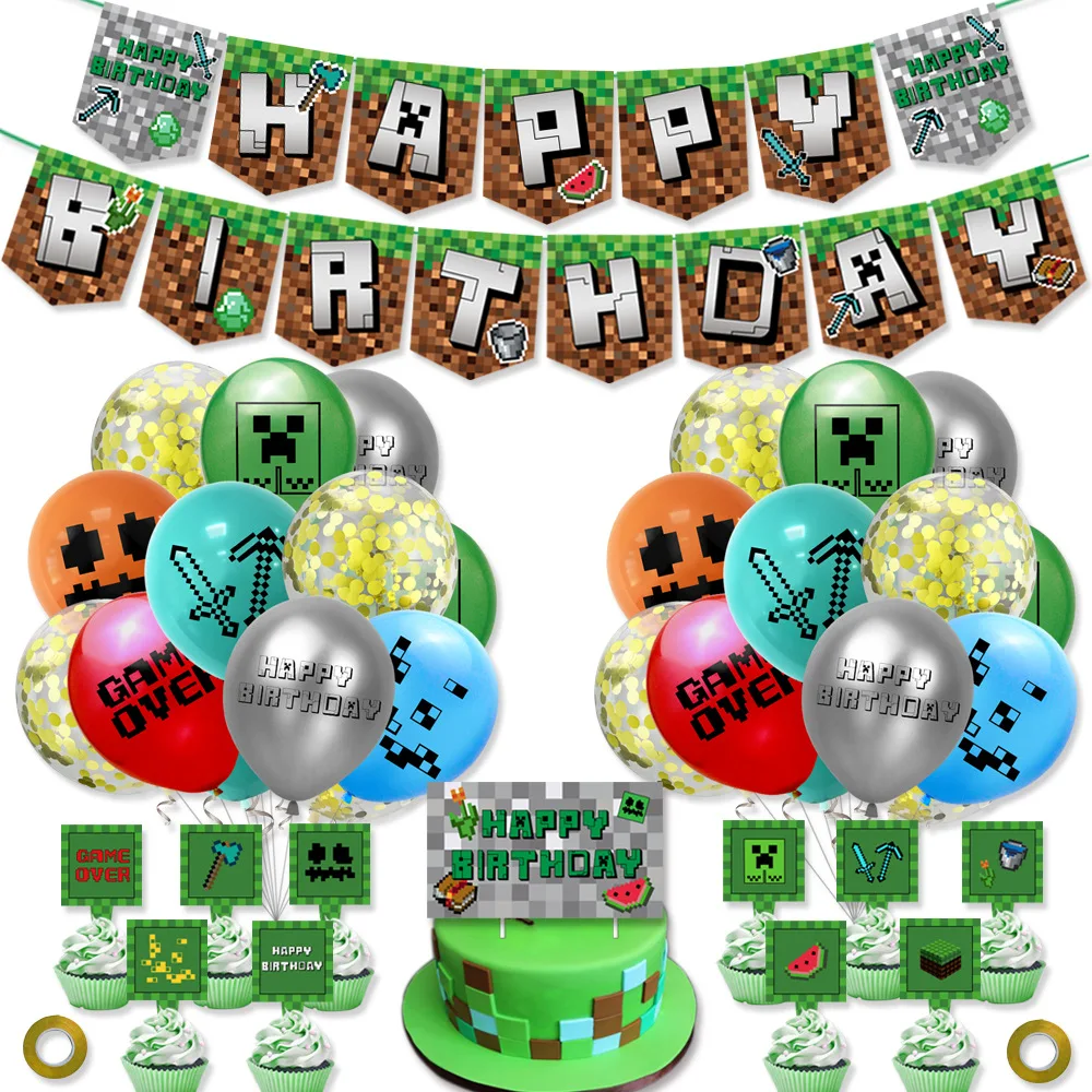 

Minecrafted Game Peripheral Birthday Pull Flag Cake Insert Card Balloon Set Party Decoration Balloon Toy Children New Year Gift
