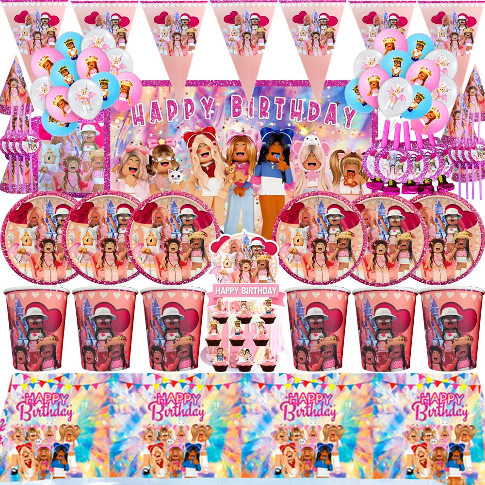Pink Robot Blocks Robloxed Game Theme Birthday Party Decorations Plates Cups Balloons Disposable Tableware Baby Shower Supplies | Дом и сад