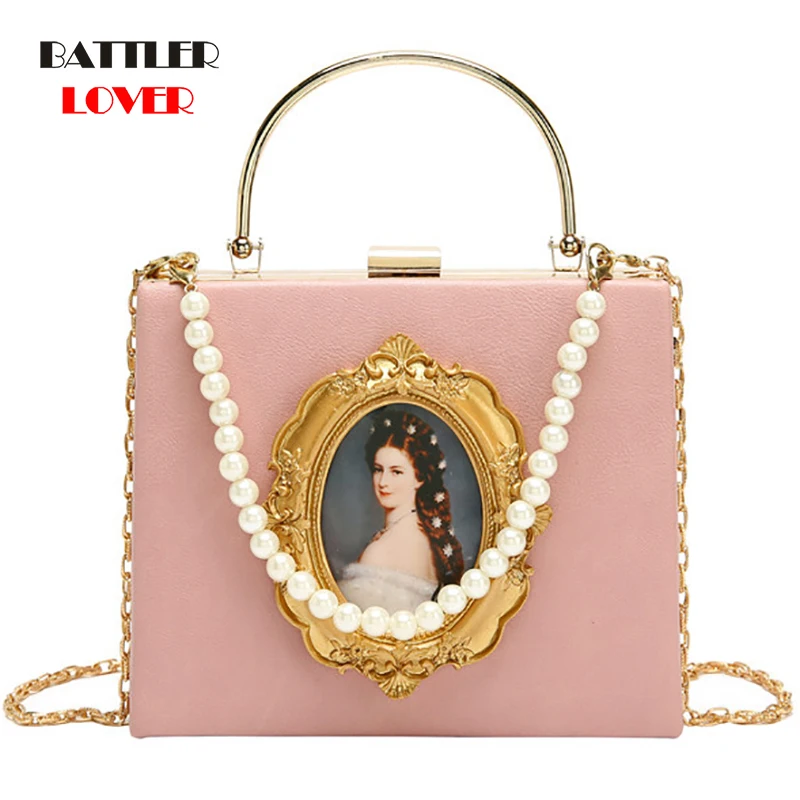 Fashion Box Evening Bag Diamond Clutch Bag Beauty Girl Pearl Luxury Handbag Banquet Party Metal HandlePurse Women