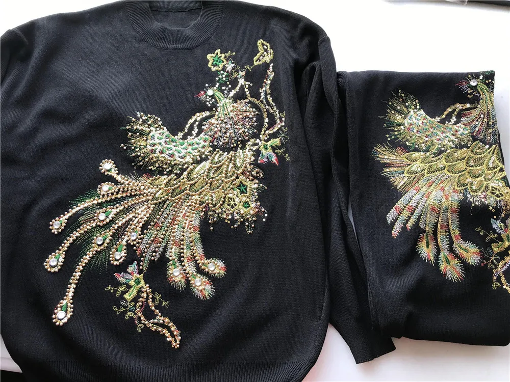 Высокое качество Павлин бисером Женский комплект 2 шт. свитер трикотажные