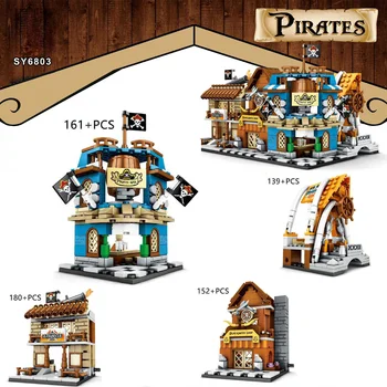 

Hot mini City street view Caribbean Pirates theme building block Bar Seafood Barbecue shop smithy bricks toys for gifts