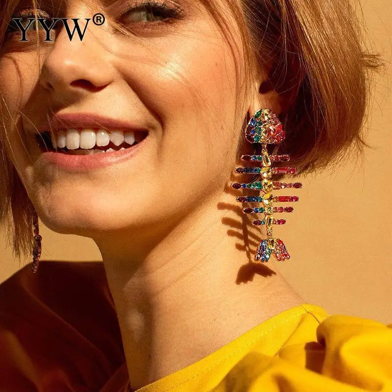 

YYW Colorful Rhinestone Fish Bone Women Drop Earrings Cute Big Earrings Pendientes Mujer Moda 2019 Exquisite Ear Jewelry