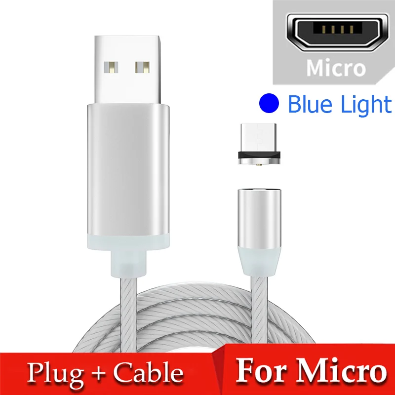 Магнитный кабель type C кабель плавный свет для iPhone samsung Магнит USB C Microusb Быстрая зарядка Кабо Микро зарядный usb-шнур - Цвет: Blue for Micro