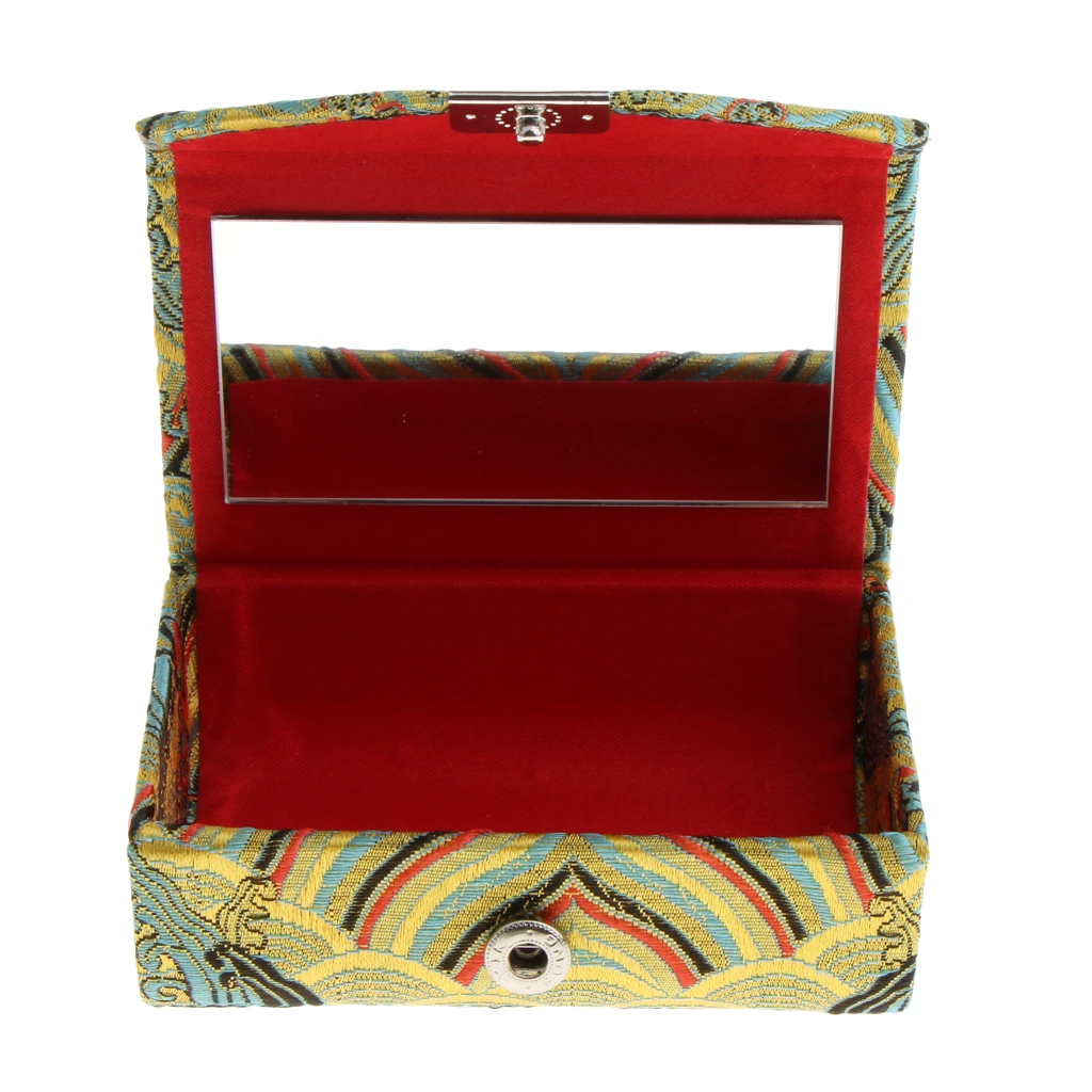 Retro Brocade Embroidered Chinese National Costume Design Lipstick Jewelry Case Holder Box With Mirror- Holds 2 Lipsticks