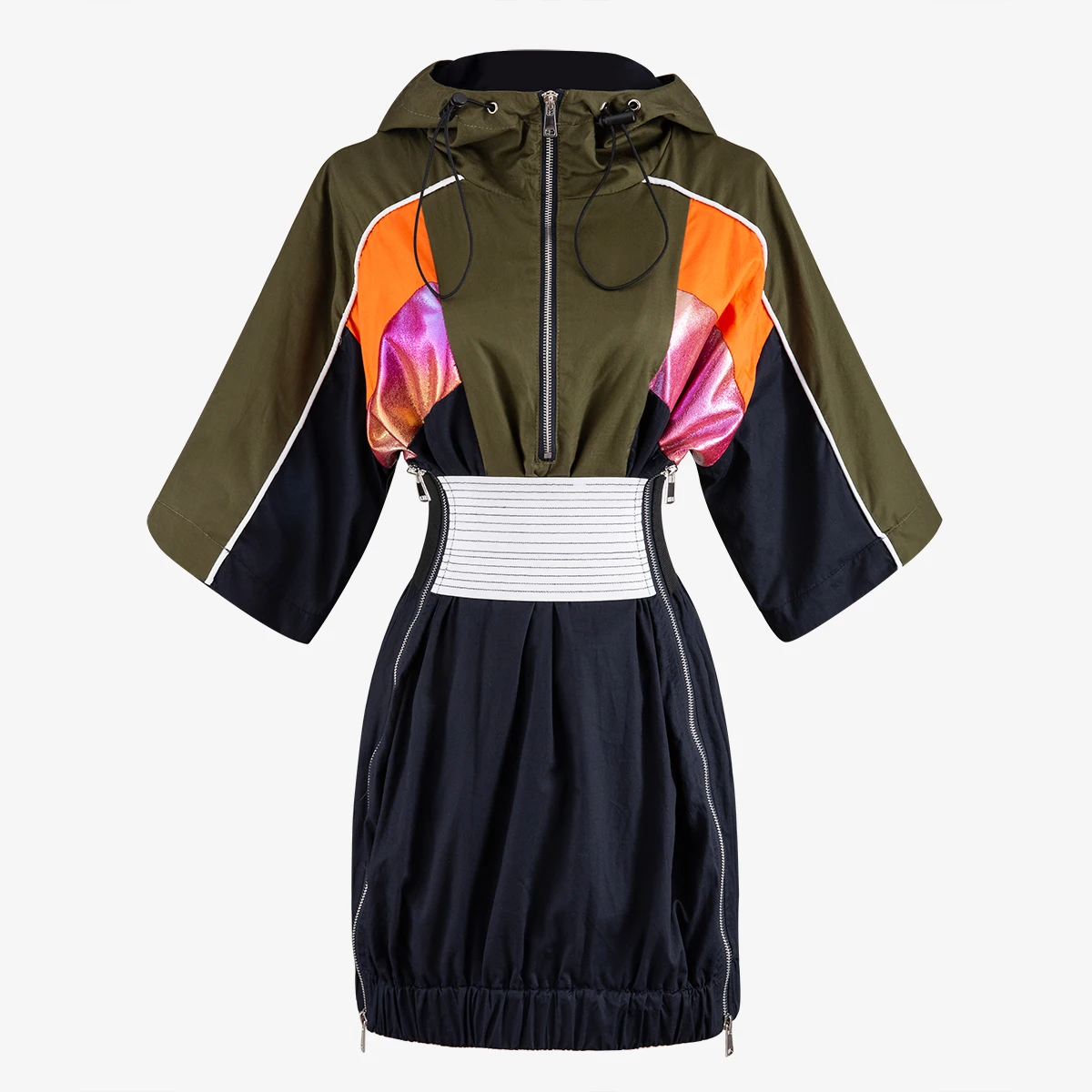 

Colour-Coloured Spliced Five-Sleeve Fake Two-piece Dresses Women's Belt-Received Sexy Zipper Short SkirtD1051
