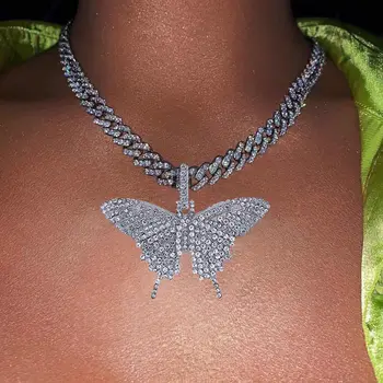 

Flatfoosie Bling Crystal Butterfly Babygirl Letter Pendant Necklace Women Multilayer Cuban Link Chain Necklace Hip Hop Jewelry