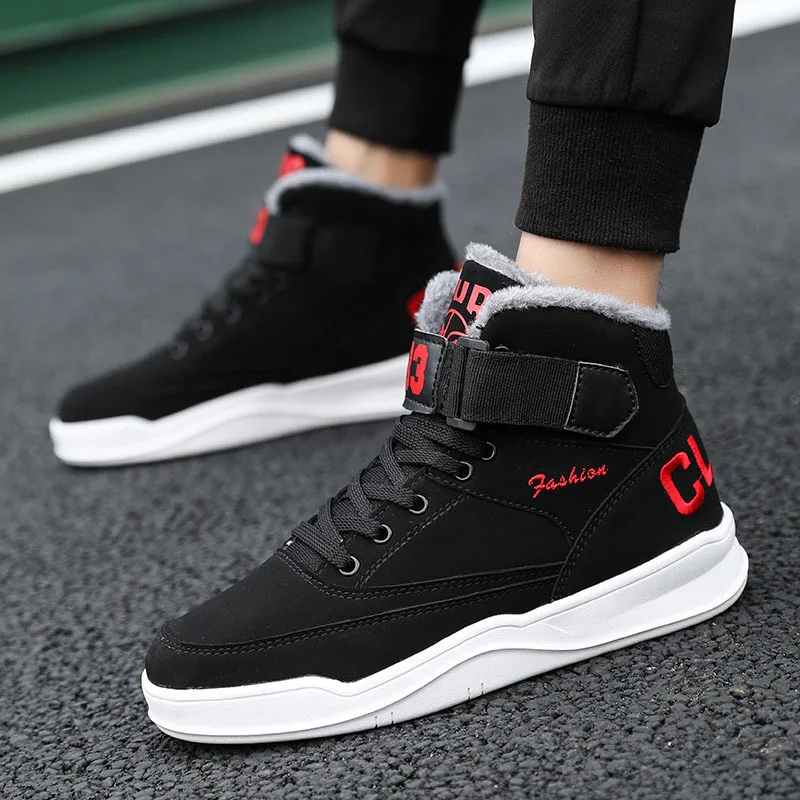 Black Red M-мужская обувь, бархатная обувь Зимняя Повседневная модная теплая однотонная Уличная обувь в стиле хип-хоп с круглым носком - Цвет: Black Red