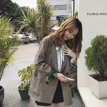 Осень стиль Мода корейский стиль онлайн знаменитостей свободный крой западный стиль клетчатый пиджак женский Универсальный чувство