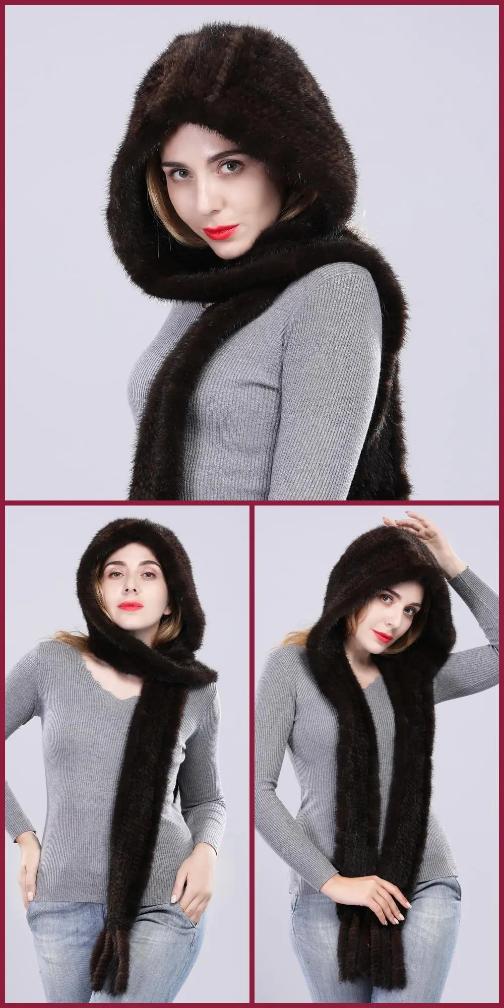Fashion women real mink fur scarf with hooded handmade knitted genuine mink scarves tassel elegant brand
