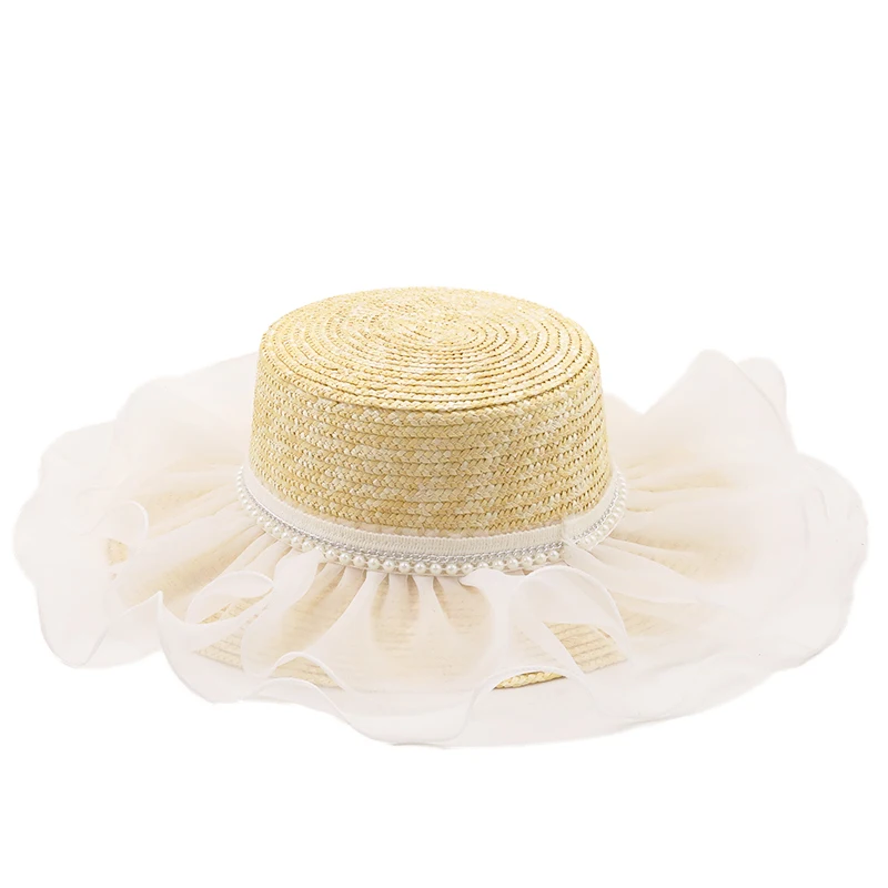 

New Women Natural Wheat Straw Hat Lace Pearl Ribbon Tie 9cm Brim Boater Hat Derby Beach Sun Hat Cap Lady Summer Wide Brim Hats