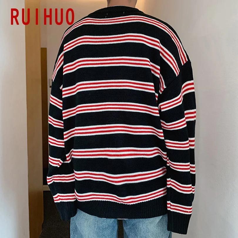RUIHUO, новинка, осенне-зимний полосатый мужской свитер с круглым вырезом, повседневный вязаный пуловер, мужской модный бренд, мужские свитера, вязаные M-2XL