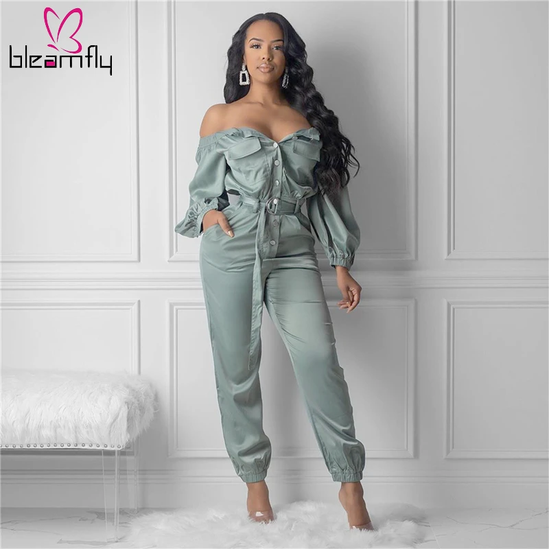

Buttoned Off Shoulder Long Sleeve Jumpsuit Pockets Women Overalls With Belt Sexy Romper 2019 Autumn Winter Women Outfits
